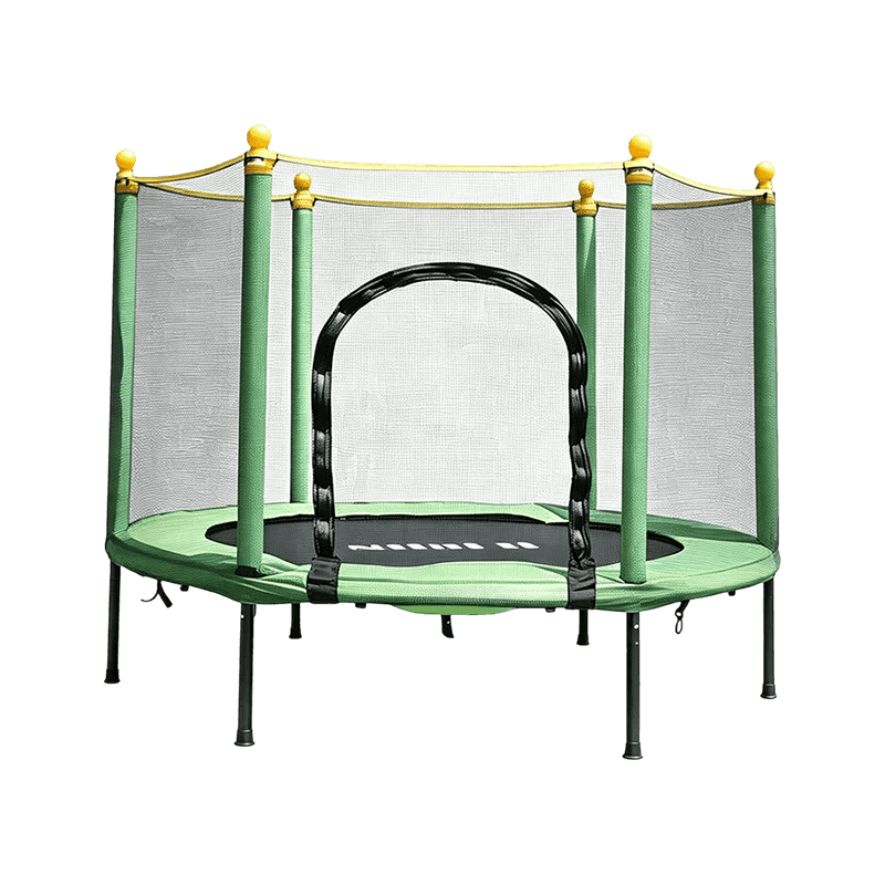 Trampolín redondo para niños con dos postes de color y borde rojo